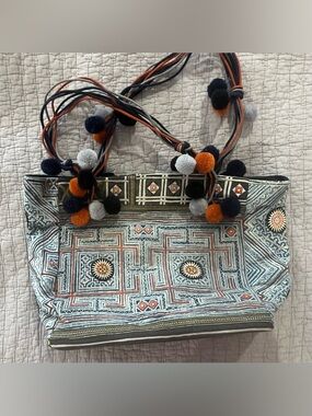 Embroidered Tote Bag with Pom-Pom Straps - Multicolor